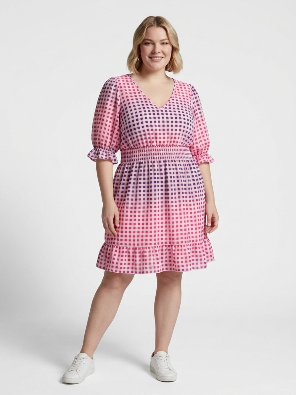 SHEIN Pink Gingham V-Neck Smocked Waist Mini Dress